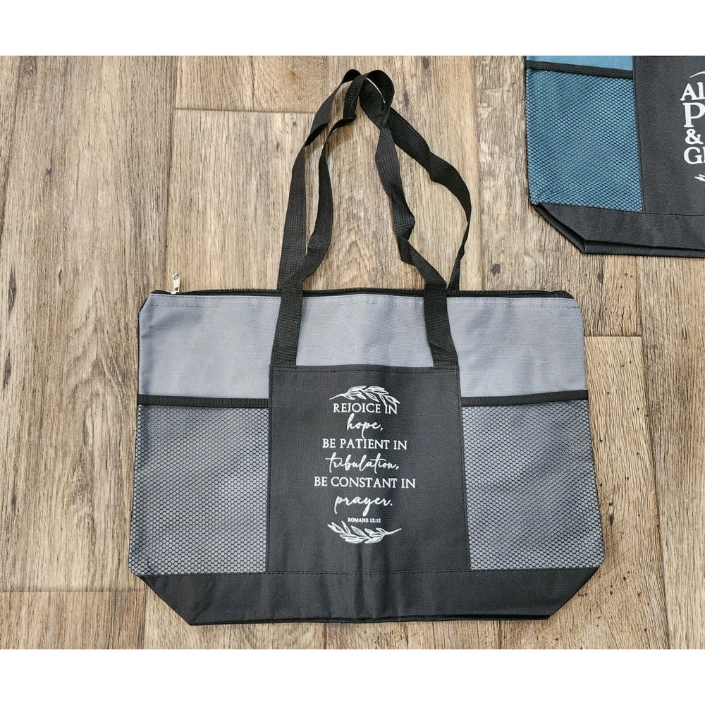 Chrisitan Tote Beach Bag x2 Scripture Bible Shopping Zip Aqua Green Gray Gift - Picture 5 of 11